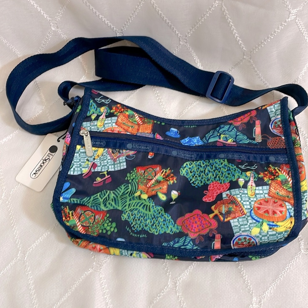 Lesportsac Brand New Painted Picnic Hobo Crossbody Bag + Matching Cosmetic Bag